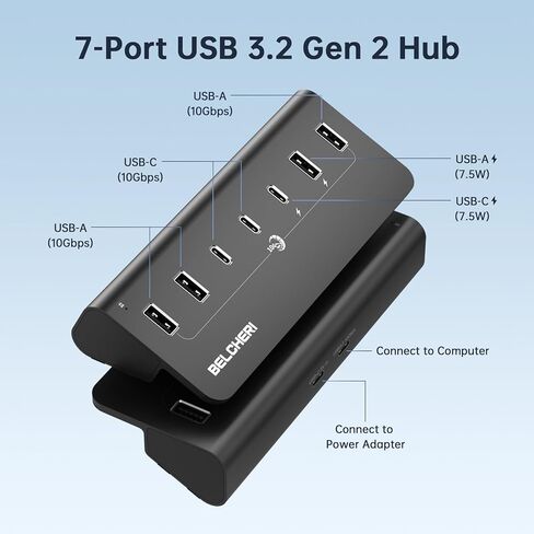 موزع USB يعمل بـ 7 منافذ، مقسم USB للبيانات عالي السرعة 10 جيجابت في الثانية (4 منافذ USB-A و3 منافذ USB-C)، محور ألومنيوم مع محول 5 فولت/3 أمبير، لأجهزة الكمبيوتر المحمول، ماك بوك، آيفون 16/15 in Kuwait
