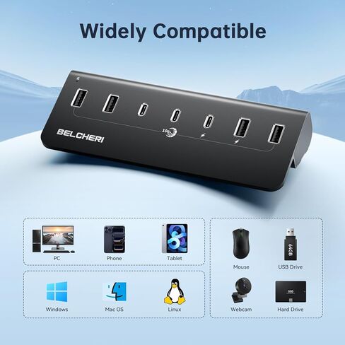 موزع USB يعمل بـ 7 منافذ، مقسم USB للبيانات عالي السرعة 10 جيجابت في الثانية (4 منافذ USB-A و3 منافذ USB-C)، محور ألومنيوم مع محول 5 فولت/3 أمبير، لأجهزة الكمبيوتر المحمول، ماك بوك، آيفون 16/15 in Kuwait