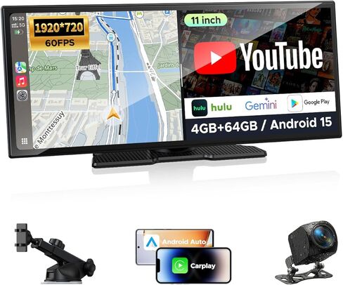 شاشة AI CarPlay مقاس 11 بوصة مع إمكانية الوصول الكامل إلى Google Play: تنزيل التطبيقات للبث، وGemini والمزيد، ومعالج 8 النواة، ونظام تحديد المواقع العالمي (GPS) المدمج، وشاشة 1920x720 IPS 60FPS، وAndroid Auto، وOTA، وكاميرا احتياطية DVR بدقة 1080 بكسل in Kuwait