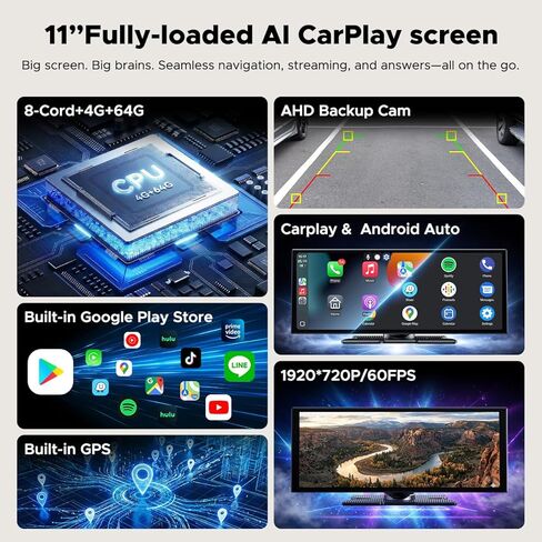 شاشة AI CarPlay مقاس 11 بوصة مع إمكانية الوصول الكامل إلى Google Play: تنزيل التطبيقات للبث، وGemini والمزيد، ومعالج 8 النواة، ونظام تحديد المواقع العالمي (GPS) المدمج، وشاشة 1920x720 IPS 60FPS، وAndroid Auto، وOTA، وكاميرا احتياطية DVR بدقة 1080 بكسل in Kuwait