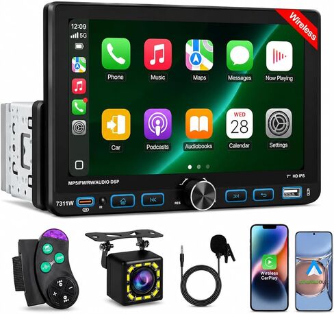 ستيريو سيارة أحادي الدين مقاس 7 بوصات مع Apple CarPlay اللاسلكي، شاشة IPS تعمل باللمس 800 × 480، بلوتوث 5.2 راديو سيارة مع كاميرا احتياطية، FM/AM/RDS، Android Auto، SWC، ملاحة GPS، USB، شحن سريع من النوع C in Kuwait