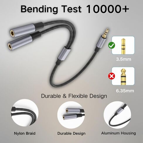 HOSONGIN 3.5mm Headphone Splitter, Audio Splitter 1 Male to 2 Female Nylon-Braided Stereo Y Aux Cable for iPhone, Samsung, Tablets, Laptop - 0.9FT in Saudi Arabia
