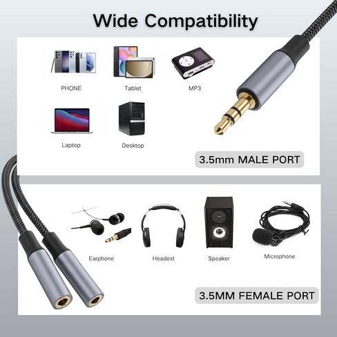 HOSONGIN 3.5mm Headphone Splitter, Audio Splitter 1 Male to 2 Female Nylon-Braided Stereo Y Aux Cable for iPhone, Samsung, Tablets, Laptop - 0.9FT in Saudi Arabia