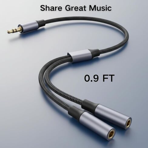 HOSONGIN 3.5mm Headphone Splitter, Audio Splitter 1 Male to 2 Female Nylon-Braided Stereo Y Aux Cable for iPhone, Samsung, Tablets, Laptop - 0.9FT in Saudi Arabia