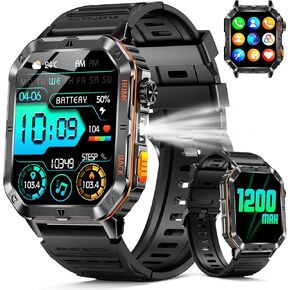 Military Smart Watch for Men, 2.01'' Fitness Tracker with 1200mAh Long Battery Life, Bluetooth Calls, Flashlight, IP68 Waterproof, Heart Rate/Sleep Tracking, 100+ Sports Modes for Android iPhone in Saudi Arabia
