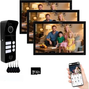 Wired Apartment Video Doorbell System 3 Units 10 Inch Touch Monitor Video Doorbell System,Video Door Phone Kit,Support Monitoring,IC Card Unlocking for Home Villa (1 Doorbell(B) + 3 Monitor(B)) in Saudi Arabia