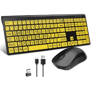 Full Size Wireless Large Print Keyboard and Mouse Set Rechargeable | Quiet Scissor Switch | for Seniors and Visually Impaired Low Vision Individuals-Yellow in Saudi Arabia