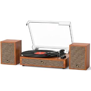 Vintage Vinyl Record Player with External Speakers, 3-Speed Turntable with Bluetooth Input, Belt-Driven LP Player, RCA & AUX, Auto Stop, Brown Wood Home Decor in Saudi Arabia
