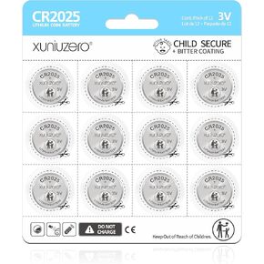 12-Pack CR2025 Lithium Coin Cell Battery, 3 Volt, for Child Safety, Compatible with Remotes, Key Fobs, Watches, Calculators - 7 Years Shelf Life in Kuwait