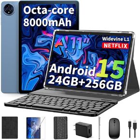 2026 تابلت Android 15 مقاس 11 بوصة مع لوحة مفاتيح، 24 جيجابايت + 256 جيجابايت + 2 تيرابايت، أجهزة لوحية مع Gemini AI، ثماني النواة، 8000 مللي أمبير، 5G WiFi، Widevine L1، GMS، GPS، 2 في 1 أجهزة لوحية مع حافظة، ماوس، قلم (جراب أسود) in Kuwait