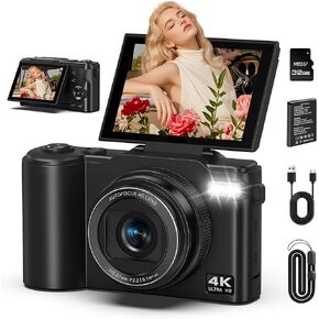 كاميرا رقمية 4K للتصوير الفوتوغرافي، كاميرا تسجيل فيديو بدقة 64 ميجابكسل لليوتيوب مع شاشة قلاب 180 درجة، كاميرا فيديو بتركيز تلقائي فائق الدقة 18X، مدمجة مع بطاقة Micro SD سعة 32 جيجابايت للمراهقين والأولاد والبنات والمبتدئين in Kuwait