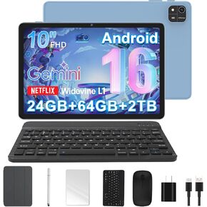 تابلت Android 16، تابلت 10 بوصة مع ثماني النواة، ذاكرة وصول عشوائي 24 جيجابايت، ذاكرة تخزين داخلية 64 جيجابايت، 2 تيرابايت توسيع، Gemini AI، 6000 مللي أمبير، واي فاي، نظام تحديد المواقع العالمي، كاميرا مزدوجة، BT 5.0، 2 في 1 كمبيوتر لوحي مع لوحة مفاتيح، ح in Kuwait