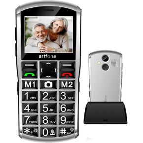 هاتف محمول artfone A400 4G Volte ذو زر كبير غير مقفل لكبار السن، هاتف خلوي لكبار السن والأطفال مع زر SOS، كاميرا 2 ميجابكسل، شاشة 2.4 بوصة، مكبر صوت عالي، قاعدة شحن، 1800 مللي أمبير - فضي in Kuwait
