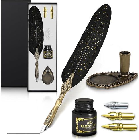 Vintage Feather Quill Pen and Ink Set - Blue Feather Pen and Ink Set, Writing and Drawing Tools with Stainless Steel Nib - Elegant Vintage Style Calligraphy Kit for Creative Hand Lettering in Saudi Arabia