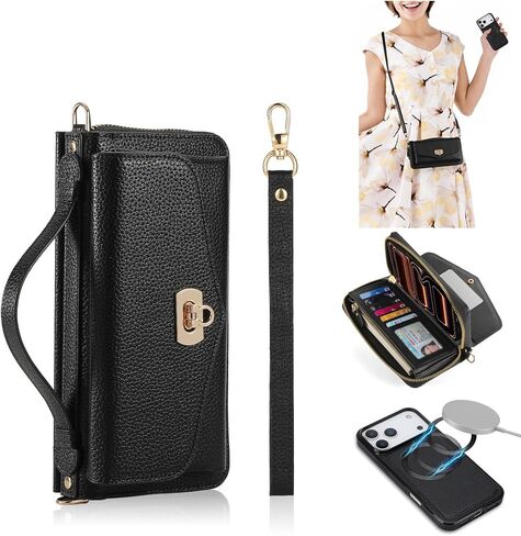 Crossbody Wallet Case for iPhone 17 Pro Max, Magnetic Detachable PU Leather Case with Card Holder, Wristlet & Shoulder Strap, Zipper Pocket, RFID Purse Case for Women - Black in Saudi Arabia