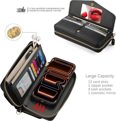 Crossbody Wallet Case for iPhone 17 Pro Max, Magnetic Detachable PU Leather Case with Card Holder, Wristlet & Shoulder Strap, Zipper Pocket, RFID Purse Case for Women - Black in Saudi Arabia