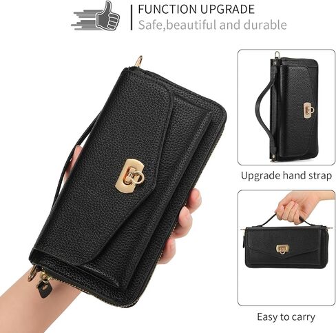 Crossbody Wallet Case for iPhone 17 Pro Max, Magnetic Detachable PU Leather Case with Card Holder, Wristlet & Shoulder Strap, Zipper Pocket, RFID Purse Case for Women - Black in Saudi Arabia