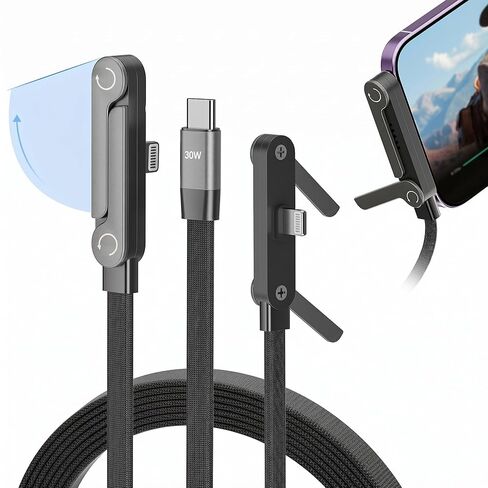 حامل غير مرئي USB C إلى كابل شاحن Lightning، MFi 30W PD شحن سريع جانبي سلك شاحن iPhone، كابل 4.9 قدم من النوع C إلى Lightning مع حامل معدني قابل للتعديل 360 درجة للألعاب والمكتب والمنزل in Kuwait