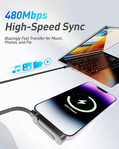 حامل غير مرئي USB C إلى كابل شاحن Lightning، MFi 30W PD شحن سريع جانبي سلك شاحن iPhone، كابل 4.9 قدم من النوع C إلى Lightning مع حامل معدني قابل للتعديل 360 درجة للألعاب والمكتب والمنزل in Kuwait