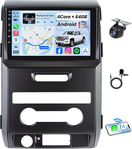 راديو السيارة لسيارة Ford F150 2009-2014: [4Core 64G ROM] ستيريو بشاشة لمس عالية الدقة 9 بوصة مع CarPlay Android Auto GPS 5G WiFi FM RDS DSP SWC Mirror Link، كاميرا احتياطية مجانية (تناسب فقط التيار المتردد اليدوي) in Kuwait