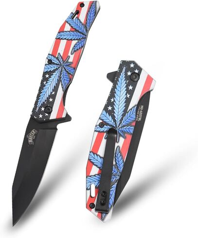 MASTER USA Folding Pocket Knife, 8-inch Overall Length, American Flag Design, Black Blade, Floral Leaf Design Handle, EDC (Purple) in Saudi Arabia