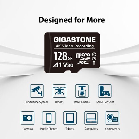 بطاقة GIGASTONE 128GB Micro SD A1 V30 حزمة واحدة، فيديو 4K Pro، كاميرا أمان، كاميرا داش، طائرة بدون طيار، بطاقة ذاكرة MicroSDXC بسرعة 100 ميجابايت/ثانية UHS-I فئة 10، مع محول in Kuwait