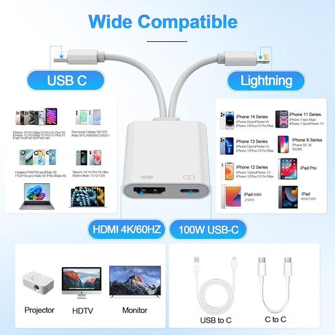 محول USB-C وLightning إلى HDMI لأجهزة iPhone iPad إلى TV 4K@60 هرتز معتمد من Apple MFi Lightning/Type-C Digital AV HDMI محول 2.0 سلك متوافق مع iPhone 17 16 15 14 ipad Samsung، Switch 60W PD in Saudi Arabia