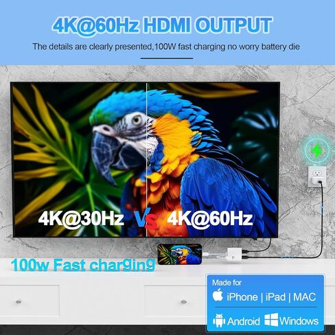 محول USB-C وLightning إلى HDMI لأجهزة iPhone iPad إلى TV 4K@60 هرتز معتمد من Apple MFi Lightning/Type-C Digital AV HDMI محول 2.0 سلك متوافق مع iPhone 17 16 15 14 ipad Samsung، Switch 60W PD in Saudi Arabia