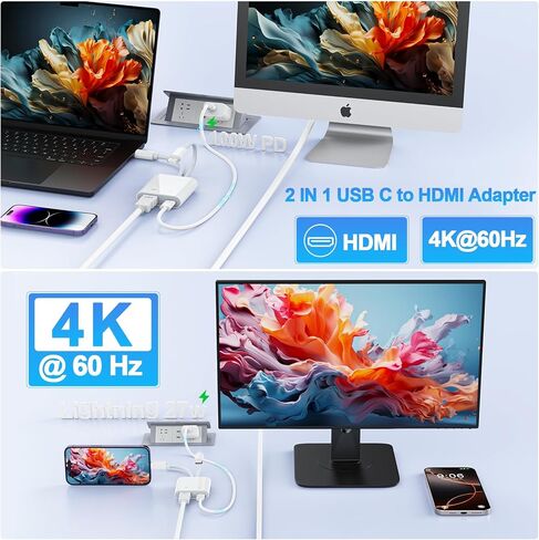 محول USB-C وLightning إلى HDMI لأجهزة iPhone iPad إلى TV 4K@60 هرتز معتمد من Apple MFi Lightning/Type-C Digital AV HDMI محول 2.0 سلك متوافق مع iPhone 17 16 15 14 ipad Samsung، Switch 60W PD in Saudi Arabia