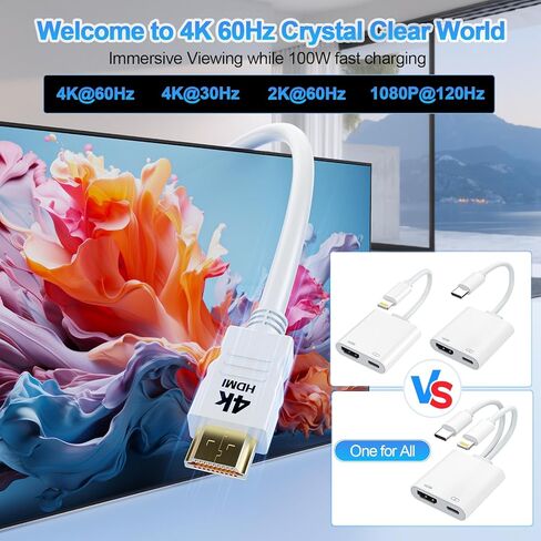 محول USB-C وLightning إلى HDMI لأجهزة iPhone iPad إلى TV 4K@60 هرتز معتمد من Apple MFi Lightning/Type-C Digital AV HDMI محول 2.0 سلك متوافق مع iPhone 17 16 15 14 ipad Samsung، Switch 60W PD in Saudi Arabia