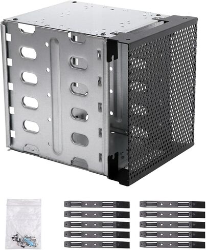 Hard Drive Cage,5 Layers Hard Drive Tray Rack Enclosure Stainless Steel,with Fan Space,Adapter Rack Bracket for Computer,5.25in to 5X 3.5,Suit for 3.5inch Hard-Drives,Easy to Install in Kuwait