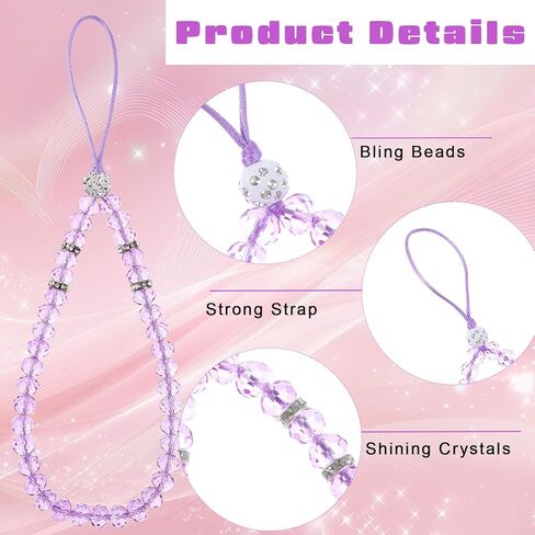 6 PCS Beaded Phone Wrist Strap, Wrist Beads Chain Bracelet Sparkling Short Hand Bling Crystal Cell Phone Wristlet Straps for Women Phones Bracelet Strap Charm for Girl Women in Saudi Arabia
