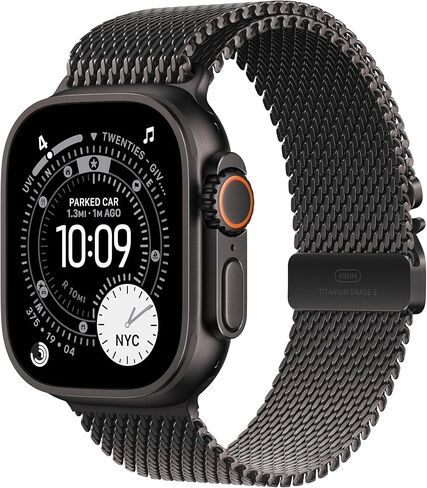 Apple Watch Ultra 3 [نظام تحديد المواقع + شبكة خلوية 49 ملم] هيكل متين من التيتانيوم مع حلقة ميلانو من التيتانيوم الأسود، مقاس L (متجدد) in Saudi Arabia