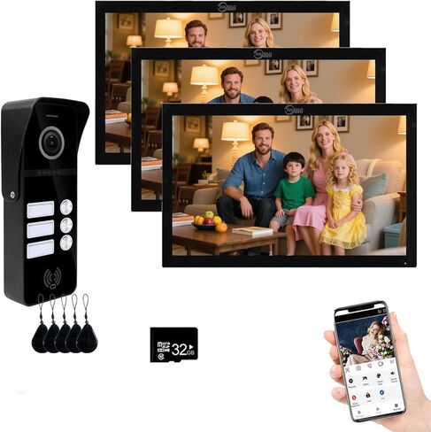 Wired Apartment Video Doorbell System 3 Units 10 Inch Touch Monitor Video Doorbell System,Video Door Phone Kit,Support Monitoring,IC Card Unlocking for Home Villa (1 Doorbell(B) + 3 Monitor(B)) in Saudi Arabia