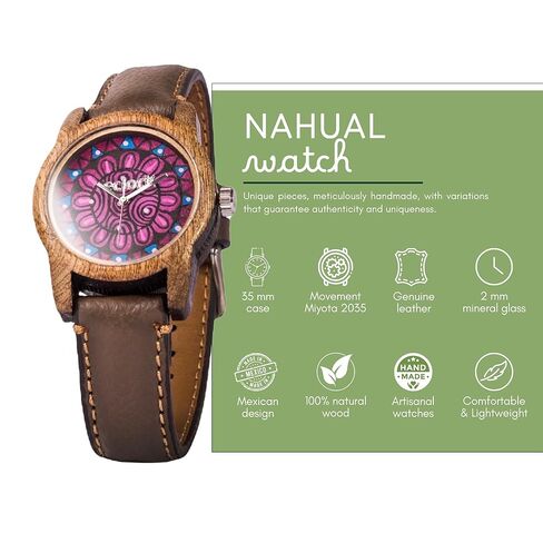 Eclock | ساعة خشبية للنساء ، تفاصيل Chaquira | Huichol Iridescent Blue | هدية مثالية لصديقة ، أمي ، ابنة ، عيد ميلاد ، ذكرى السنوية. مصنوع يدويًا ومصممًا في المكسيك. قطر 35 مم. in Saudi Arabia