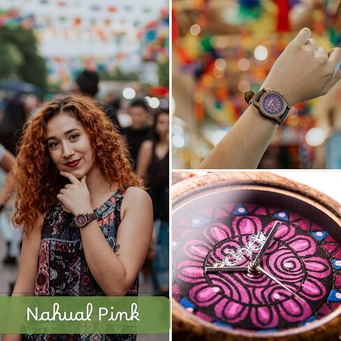 Eclock | ساعة خشبية للنساء ، تفاصيل Chaquira | Huichol Iridescent Blue | هدية مثالية لصديقة ، أمي ، ابنة ، عيد ميلاد ، ذكرى السنوية. مصنوع يدويًا ومصممًا في المكسيك. قطر 35 مم. in Saudi Arabia
