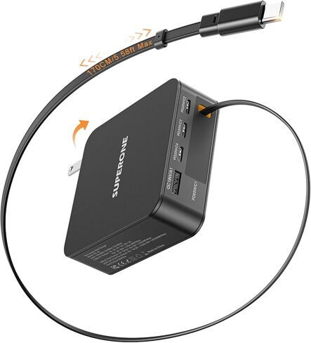 شاحن سوبر وان 143 واط بحد أقصى قابل للسحب مع كابل USB C بطول 5.58 قدم، شاحن كمبيوتر محمول 5 منافذ GaN، شاحن سريع لأجهزة MacBook Pro/Air M4/M3/M2/M1، iPhone17/16/15، iPad، Samsung Galaxy والمزيد من الأجهزة in Saudi Arabia