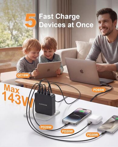 شاحن سوبر وان 143 واط بحد أقصى قابل للسحب مع كابل USB C بطول 5.58 قدم، شاحن كمبيوتر محمول 5 منافذ GaN، شاحن سريع لأجهزة MacBook Pro/Air M4/M3/M2/M1، iPhone17/16/15، iPad، Samsung Galaxy والمزيد من الأجهزة in Saudi Arabia