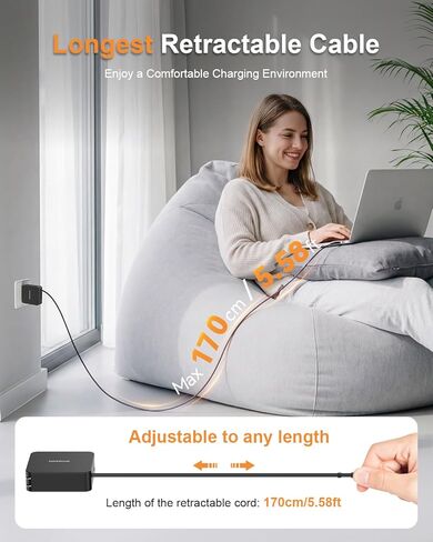 شاحن سوبر وان 143 واط بحد أقصى قابل للسحب مع كابل USB C بطول 5.58 قدم، شاحن كمبيوتر محمول 5 منافذ GaN، شاحن سريع لأجهزة MacBook Pro/Air M4/M3/M2/M1، iPhone17/16/15، iPad، Samsung Galaxy والمزيد من الأجهزة in Saudi Arabia