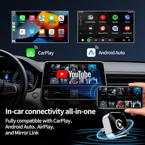 Wireless CarPlay Adapter for iPhone & Android - No Lag, Fast Auto Connect, Stable CarPlay Wireless Dongle, Mini Size Plug & Play USB/USB-C Adapter for Auto Compatible Cars in Saudi Arabia