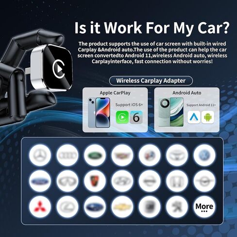 Wireless CarPlay Adapter for iPhone & Android - No Lag, Fast Auto Connect, Stable CarPlay Wireless Dongle, Mini Size Plug & Play USB/USB-C Adapter for Auto Compatible Cars in Saudi Arabia
