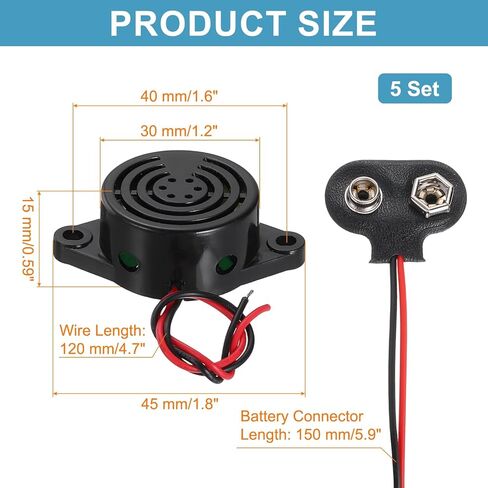 uxcell 5 قطع DC3-24V 100dB 3100 هرتز إلكتروني بيزو صفير منبه أسلم صوت صفير مستمر نشط مع موصل بطارية من النوع 9 فولت للدراجات النارية والجولف والسيارات وأجهزة إنذار للسيارة، أسود in Kuwait