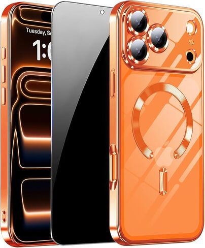 Magnetic for iPhone 17 Pro Max Case with Privacy Screen Protector & Full Camera Cover [Fit for MagSafe] [Non-Yellowing] Metal Glossy Soft Shockproof Clear Case for 17 ProMax Girl Women,Orange in Saudi Arabia