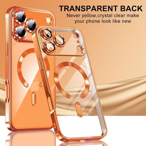 Magnetic for iPhone 17 Pro Max Case with Privacy Screen Protector & Full Camera Cover [Fit for MagSafe] [Non-Yellowing] Metal Glossy Soft Shockproof Clear Case for 17 ProMax Girl Women,Orange in Saudi Arabia