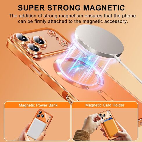 Magnetic for iPhone 17 Pro Max Case with Privacy Screen Protector & Full Camera Cover [Fit for MagSafe] [Non-Yellowing] Metal Glossy Soft Shockproof Clear Case for 17 ProMax Girl Women,Orange in Saudi Arabia
