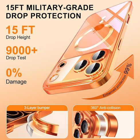 Magnetic for iPhone 17 Pro Max Case with Privacy Screen Protector & Full Camera Cover [Fit for MagSafe] [Non-Yellowing] Metal Glossy Soft Shockproof Clear Case for 17 ProMax Girl Women,Orange in Saudi Arabia