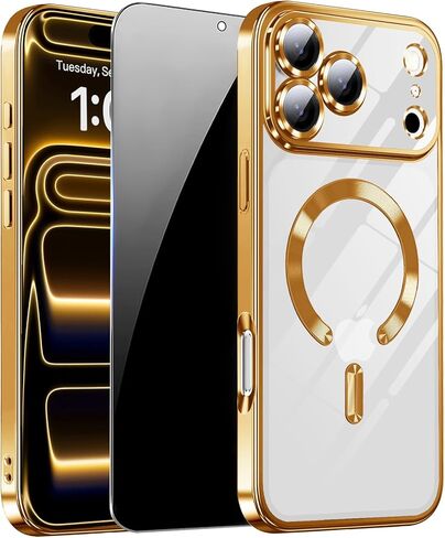 Magnetic for iPhone 17 Pro Max Case with Privacy Screen Protector & Full Camera Cover [Fit for MagSafe] [Non-Yellowing] Metal Glossy Soft Shockproof Clear Case for 17 ProMax Girl Women,Orange in Saudi Arabia