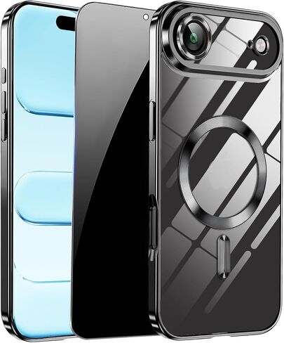 Magnetic for iPhone 17 Pro Max Case with Privacy Screen Protector & Full Camera Cover [Fit for MagSafe] [Non-Yellowing] Metal Glossy Soft Shockproof Clear Case for 17 ProMax Girl Women,Orange in Saudi Arabia
