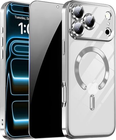 Magnetic for iPhone 17 Pro Max Case with Privacy Screen Protector & Full Camera Cover [Fit for MagSafe] [Non-Yellowing] Metal Glossy Soft Shockproof Clear Case for 17 ProMax Girl Women,Orange in Saudi Arabia
