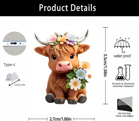 Adorable Highland Cow Dust Plug Acrylic Charms for electronic products,Type-C Charging Port Dust Plugs Pendant Compatible with E-Reader Phone Tablet, Gift for Christmas, Birthday, Anniversary Day in Saudi Arabia